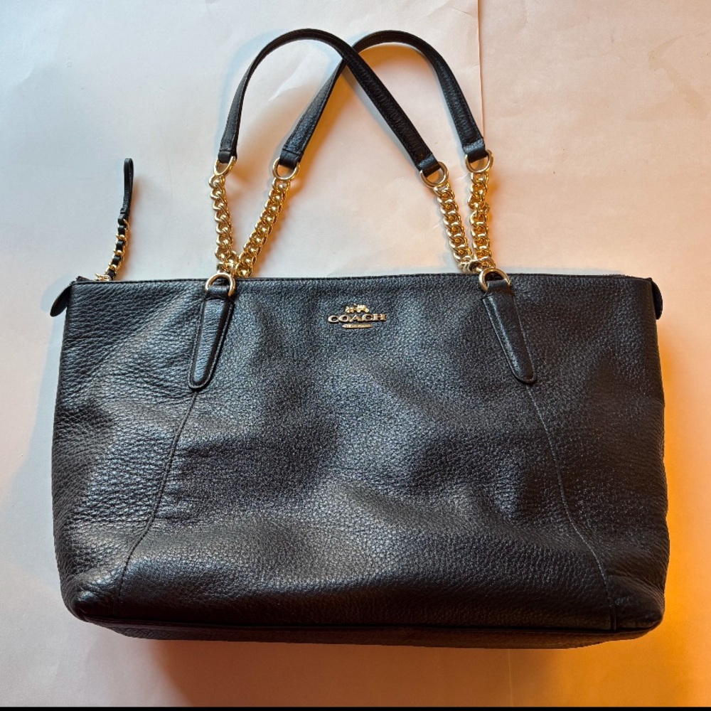 Ava Black Pebble Leather Chain Tote Bag by Coach